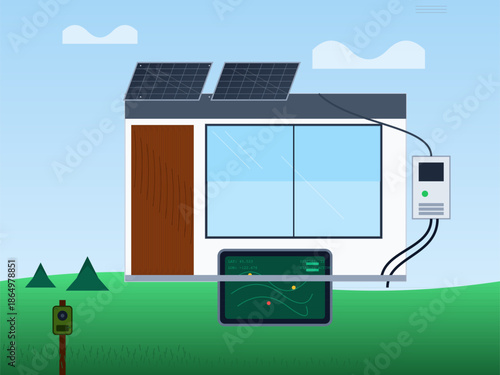 Solar panels on a modern house with a control panel in a green setting with trees and clouds