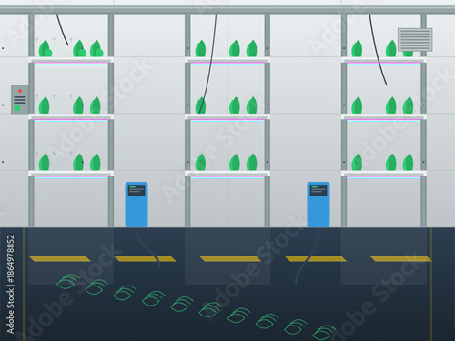 Plants grow in a vertical farm setting with shelves and blue water collection stations