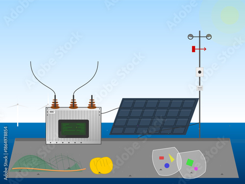 Tools and equipment for ocean monitoring on a floating platform during daytime with solar panels and waste collection