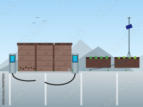 Design for green energy station with electricity and farming features at a location with mountains in the background