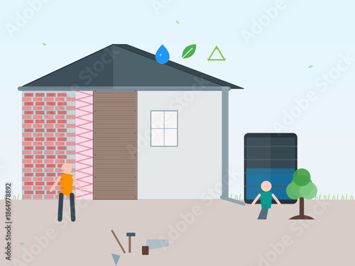 Home renovation project showing workers completing tasks around a house with a focus on building and landscaping