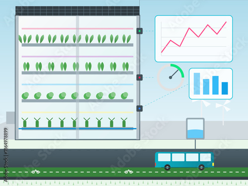 Vertical farming system showing growth data and a bus on the road in an urban setting during daytime