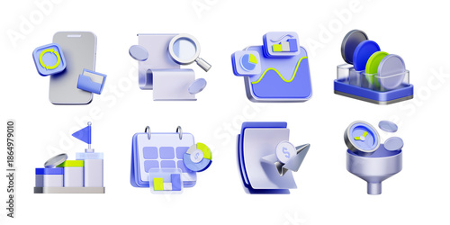 3D icon set of financial budgeting and data analytics including investment tracking, expense reports, calendar planning, and profit forecasting.