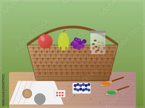 Basket with fruits and jars on a table during midday in a kitchen setting