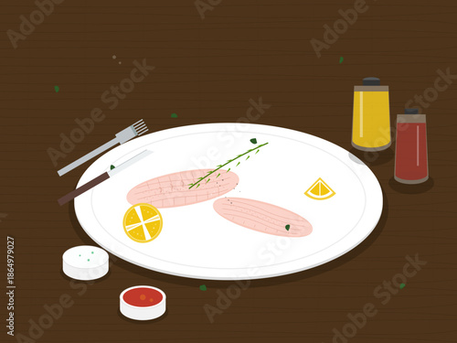 Dish of cooked chicken on a plate with sauces and lemon arranged on a wooden table during lunch time