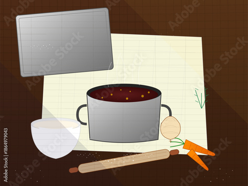 Cooking stew with pot, vegetables, and kitchen tools on a wooden surface near a blank sheet of paper
