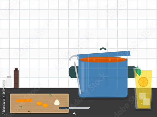 Cooking soup on a kitchen counter with a pot, cutting board, knife, and a drink on a sunny day