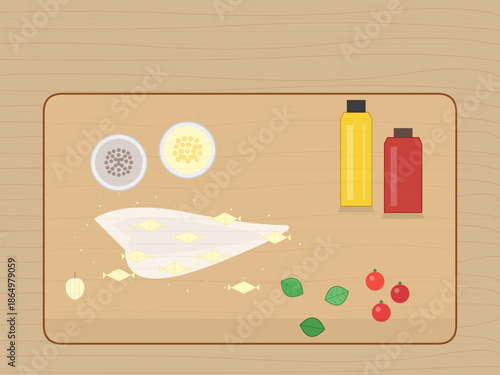 Preparing ingredients for a meal with fish, herbs, and sauces on a wooden table