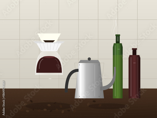 Coffee brewing process near kitchen counter with kettle and jars involved in making fresh beverage