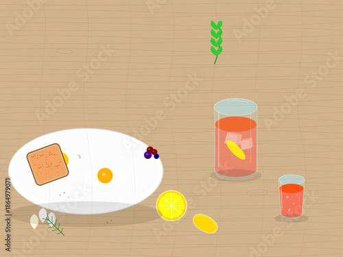 Simple meal setup with fruit, drink, and snacks on wooden table at lunchtime