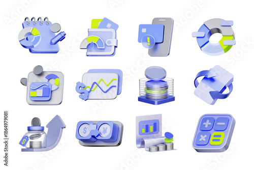 3D icon set of financial budgeting and data analytics including investment tracking, expense reports, calendar planning, and profit forecasting.