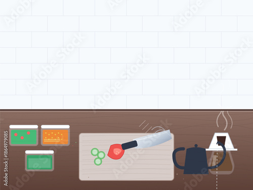 Cooking session with vegetables and kitchen tools on a wooden table in bright light