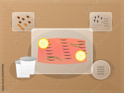 Salmon fillet prepared with lemon and herbs on a wooden table in a kitchen setting during the day