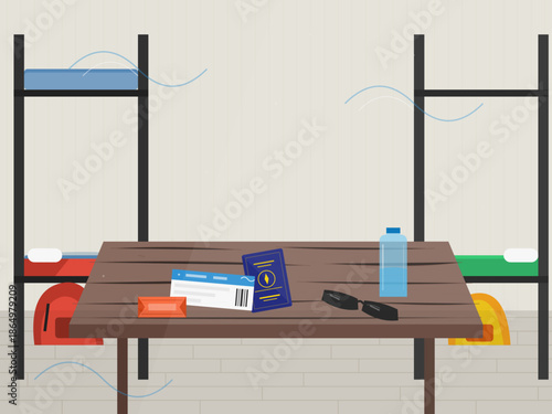 Items on a table in a shared space with bunk beds in the background during day time