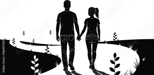 Romantic couple walking hand in hand on winding path, minimal silhouette illustration, love relationship concept, nature landscape vector art design