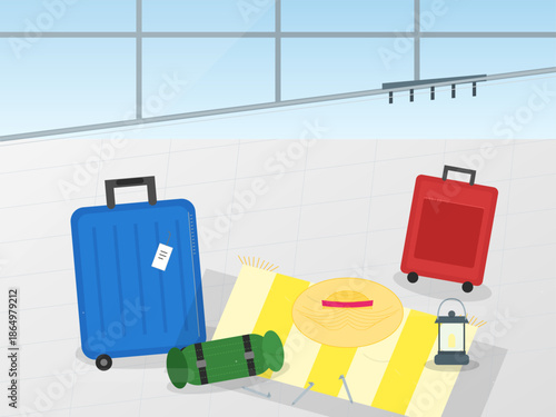Travel gear at the airport with luggage, a sleeping bag, a sun hat, and a towel ready for vacation