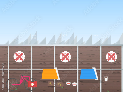 Bicycles and food stands by the wall in an urban area during the daytime under a clear sky