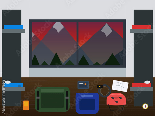 Mountain view from a room with shelves and camping gear during sunset