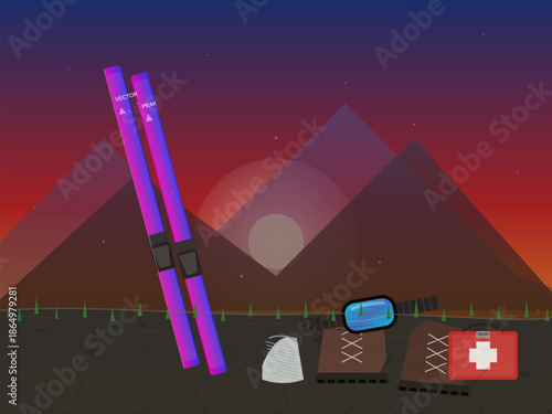 Ski equipment and first aid kit sit under a sunset sky near mountains with a scene of winter sports ahead