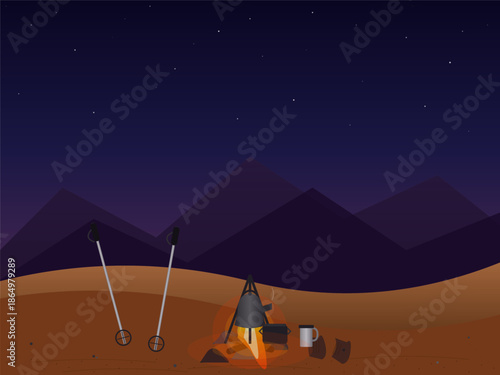 Campfire setup in a desert landscape during night with mountains and stars in the background