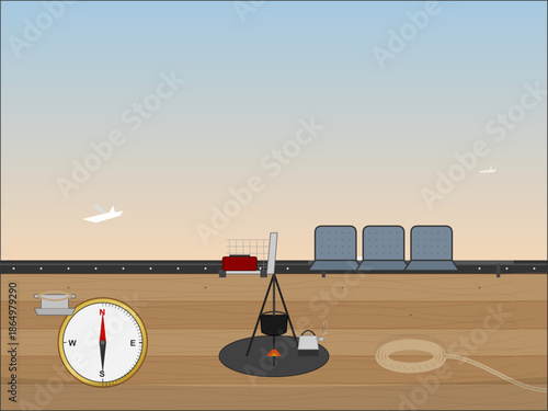 Cooking on a boat deck during the evening while using a compass for navigation