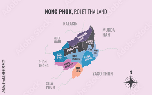 Map showing Nong Phok District Roi Et Thailand divided into sub districts with minimalist colorful patterns