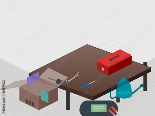 Workspace with tools and boxes on a table in a home setting during daytime