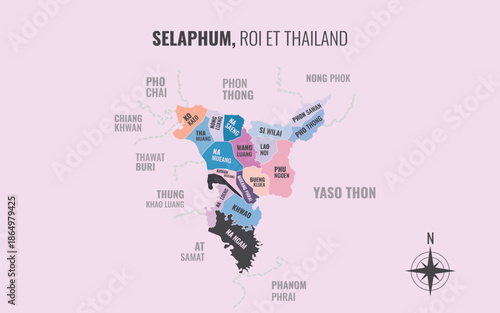 Map showing Selaphum District Roi Et Thailand divided into sub districts with minimalist colorful patterns