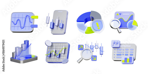 3D icon set of advanced stock market analytics including technical graph analysis, risk management shield, profit growth tracking, and investment portfolio research.