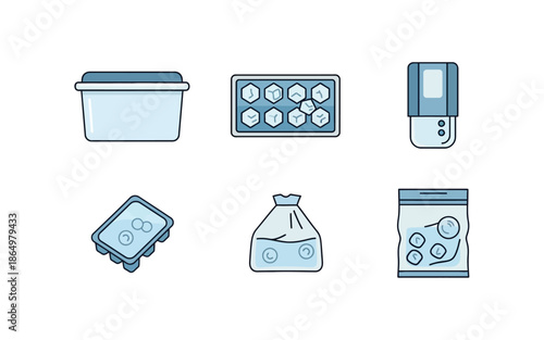 Food Storage Containers and Ice Cube Trays Icon Set, Freezer Organization and Food Preservation Concept, Flat Vector Illustrations
