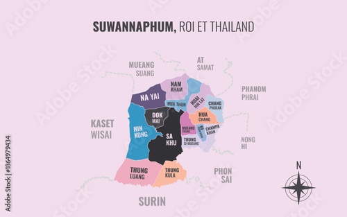 Map showing Suwannaphum District Roi Et Thailand divided into sub districts with minimalist colorful patterns