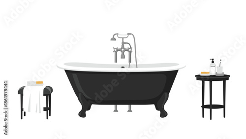 Elegant black vintage clawfoot bathtub flanked by two side tables with towels and toiletries, symbolizing luxury bathroom comfort.