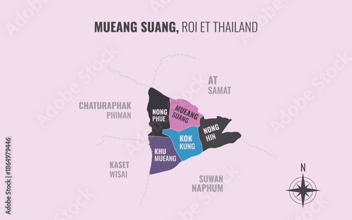 Map showing Mueang Suang District Roi Et Thailand divided into sub districts with minimalist colorful patterns