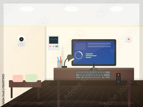 Workspace setup in a room with computer, desk, and a few items on display during working hours