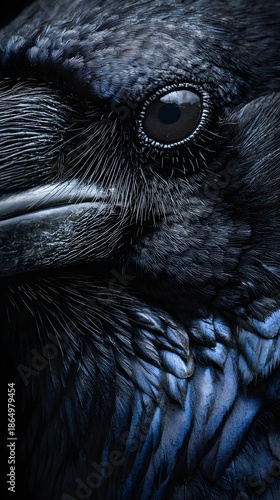 Extreme Macro Portrait of a Mysterious Raven Eye and Feathers