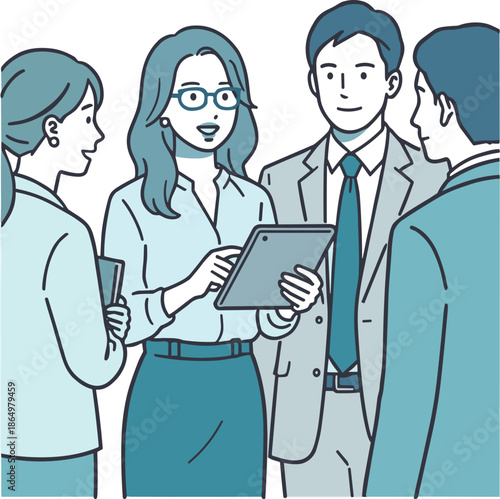 タブレットを使って説明する女性と話を聞くビジネスチームのイラスト