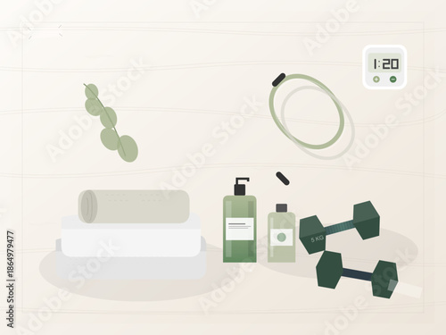 Fitness equipment and supplies on a workout mat with a timer showing time remaining