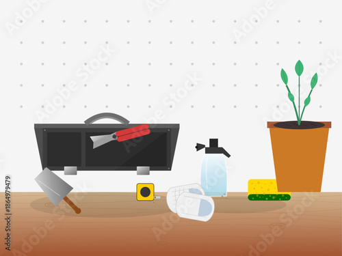 Tools and cleaning supplies on a table with a plant in a pot during daylight