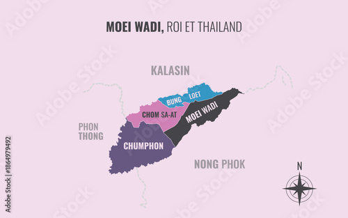 Map showing Moei Wadi District Roi Et Thailand divided into sub districts with minimalist colorful patterns
