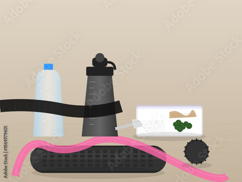 Fitness items for training session at a gym with water bottles, resistance bands, and weights on the floor