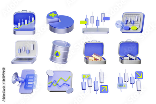 3D icon set of stock market and trading analytics including candlestick charts, gold bars, oil barrel investment, and buy sell signals.