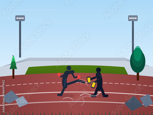Track event taking place with two figures engaged in a competitive activity during daytime at an outdoor sports facility