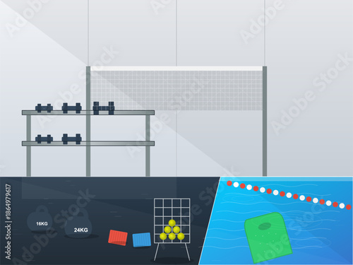 Indoor gym space with equipment, weights, and swimming area for fitness activities and training sessions