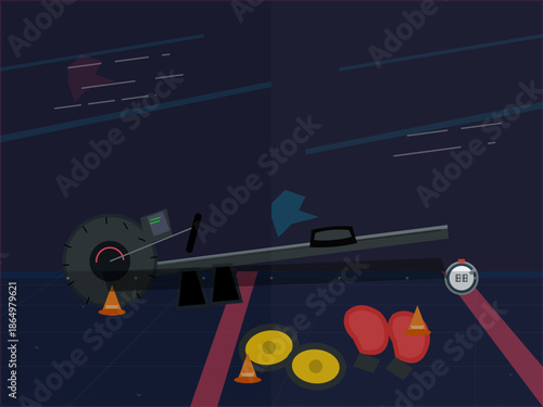 Construction tools and safety equipment on a worksite during night hours with bright lights illuminating the area