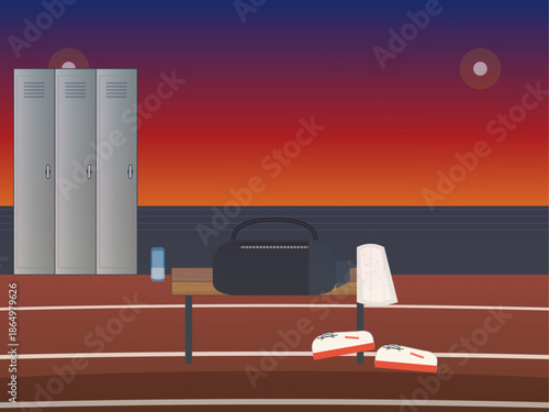 Training space with lockers, water bottle, and shoes at sunset on a running track