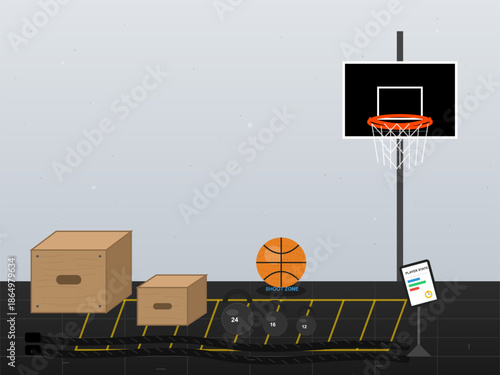 Basketball training setup with equipment for shooting drills and practice routine