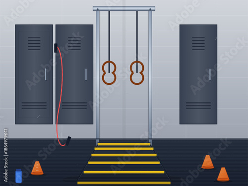 Gym area with workout equipment and training tools for physical activity and exercise sessions