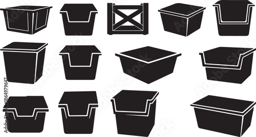 Collection of black plastic storage boxes and crates