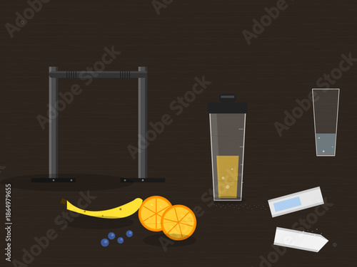 Different items on a table including fruit, a blender, and containers during a fruit preparation activity