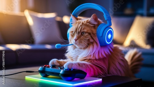 Gamer Cat Wearing Headset Playing Video Games
